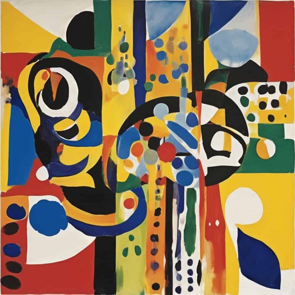 Ζωγραφική αφίσα με αφηρημένη τέχνη που αναδεικνύει τη δύναμη της τέχνης στον δημόσιο χώρο, με ζωηρά χρώματα και γεωμετρικές μορφές.