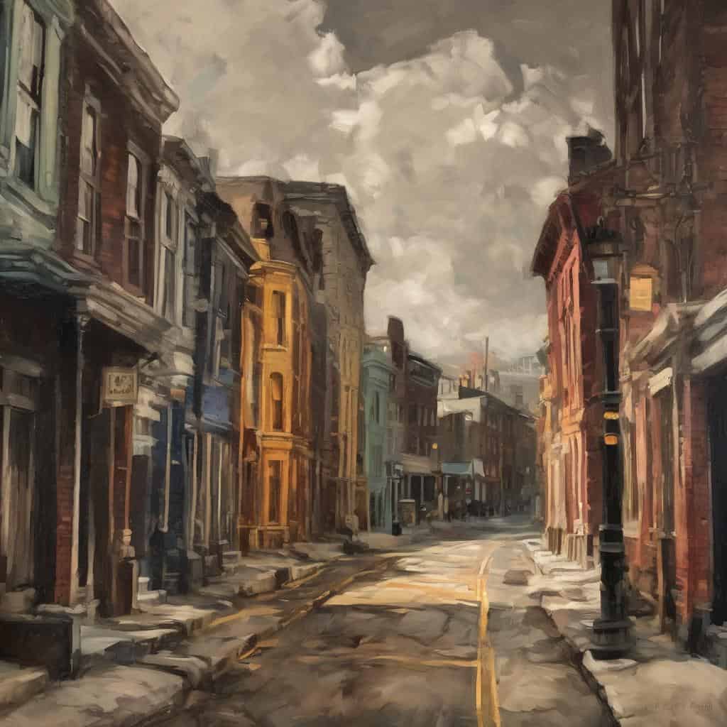 Ρετρό δρομολόγιο σε αστικό τοπίο, ζωγραφισμένο με ζωηρά χρώματα και δυναμική υφή, αναδεικνύοντας τη δύναμη της τέχνης στον δημόσιο χώρο και την αστική αισθητική.