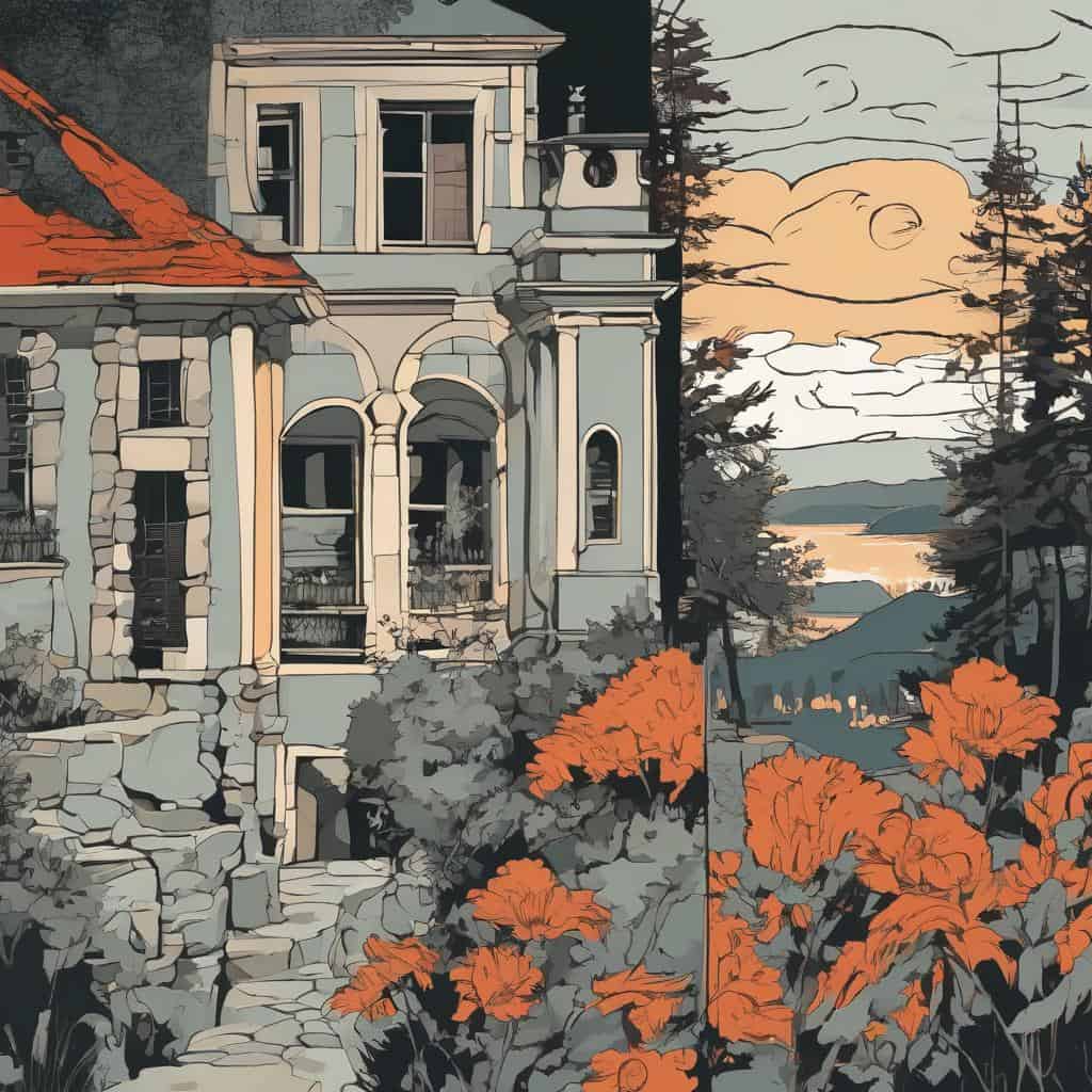 Δημόσιο έργο τέχνης σε κτήριο με φυσικό τοπίο και λουλούδια, που αναδεικνύει τη δύναμη της τέχνης στον δημόσιο χώρο, με έμφαση στην πολιτιστική αξία και την ομορφιά της αστικής και φυσικής environment.